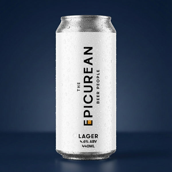 Epicurean Lager can on a dark blue background