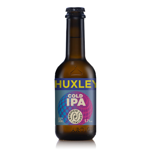 Huxley Cold IPA beer bottle on a white background