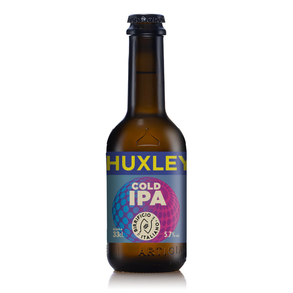 Huxley Cold IPA beer bottle on a white background