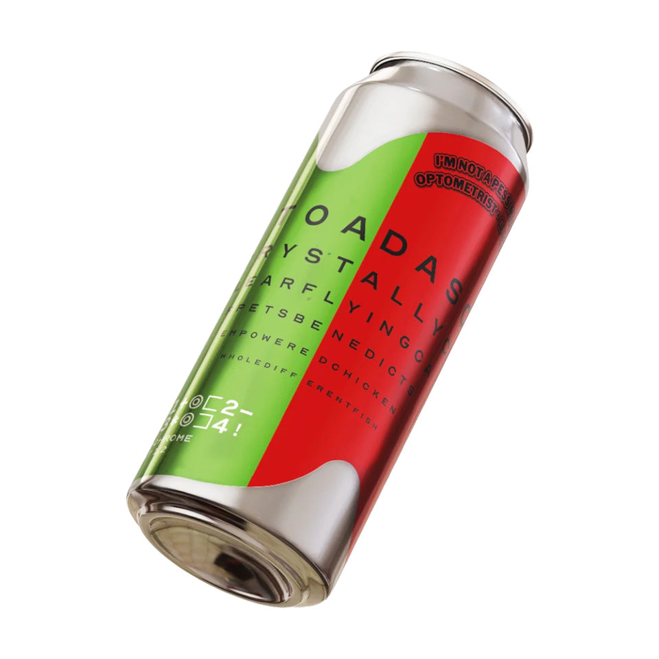 Beer can with red and green label on a white background