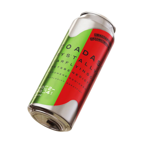 Beer can with red and green label on a white background