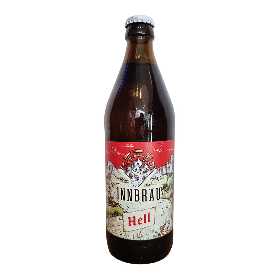 A dark brown glass bottle of Innbrau Hell beer with a silver crown cap and a red and white illustrated label, isolated on a white background.