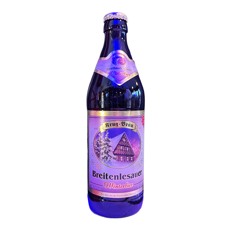 Blue beer bottle with a purple label on a white background