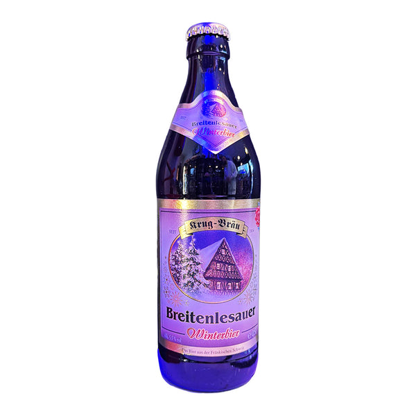 Blue beer bottle with a purple label on a white background