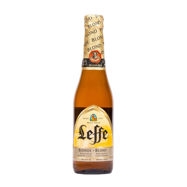 Leffe blonde beer bottle on a white background
