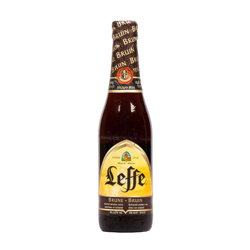 Leffe beer bottle with visible branding on a white background