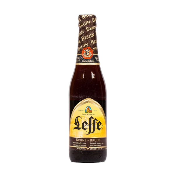 Leffe beer bottle with visible branding on a white background