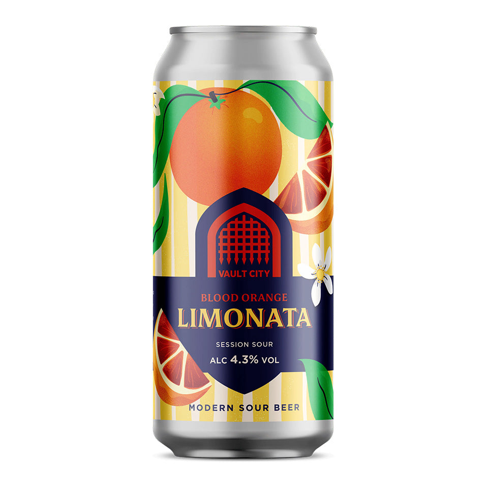 Can of Vault City Blood Orange Limonata beer with colorful label on a white background