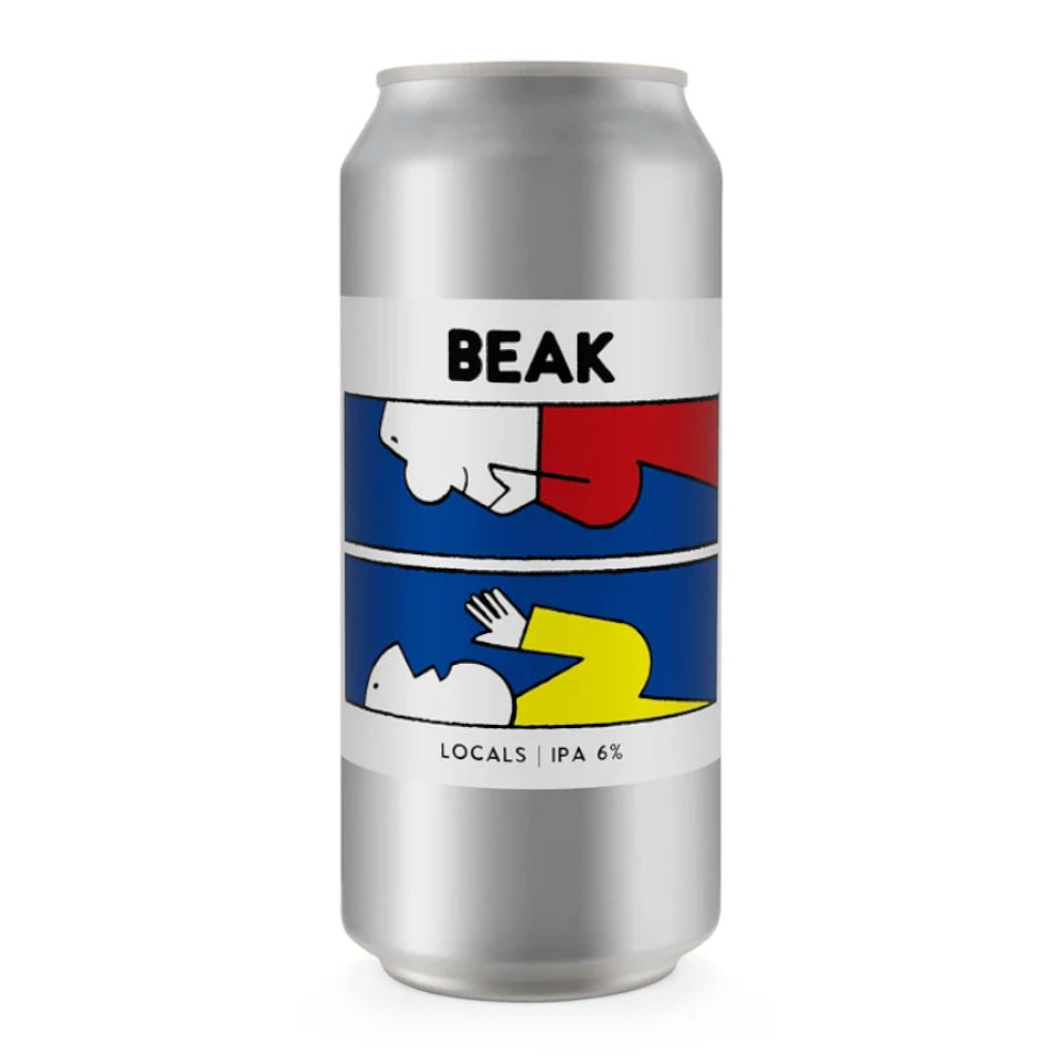A silver aluminum craft beer can with a white label featuring the brand name 'BEAK' and a colorful graphic of two cats in a minimalist art style, on a plain white background.