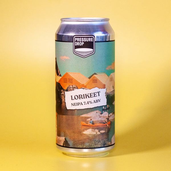 Beer can with scenic label on a yellow background