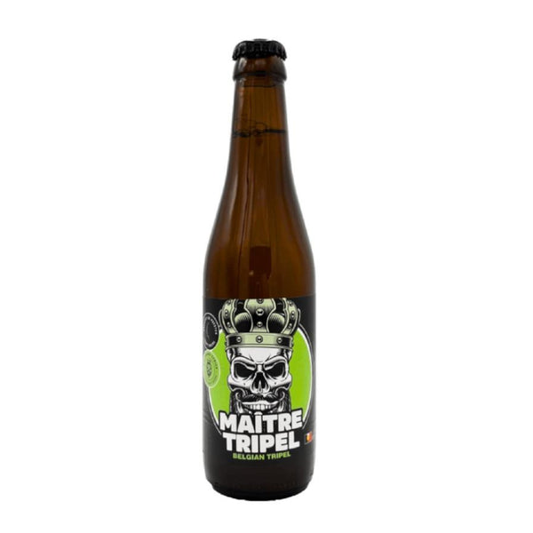 Beer bottle with a label featuring a skull and crown design on a white background
