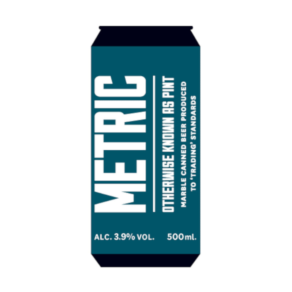 Marble beer can with blue and white design on a white background