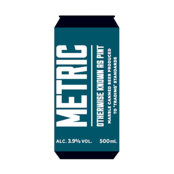 Marble beer can with blue and white design on a white background
