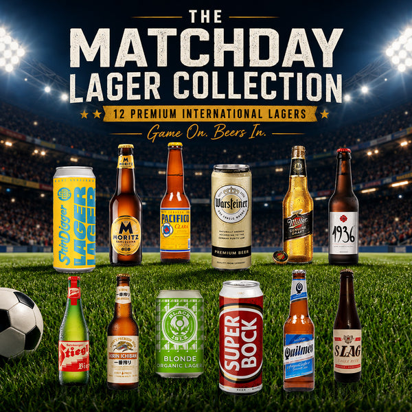 Promotional graphic for 'The Matchday Lager Collection' showing multiple beer cans and bottles arranged on a green soccer field with a stadium background, plus a soccer ball and large event text.