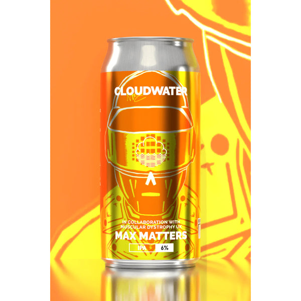 Cloudwater beer can with a futuristic helmet design on an orange and yellow background
