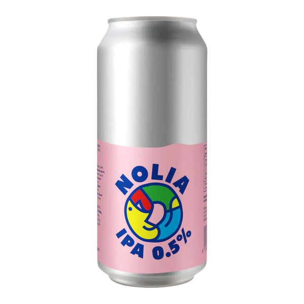 Silver can with pink label featuring 'Nolia IPA 0.5%' on a white background