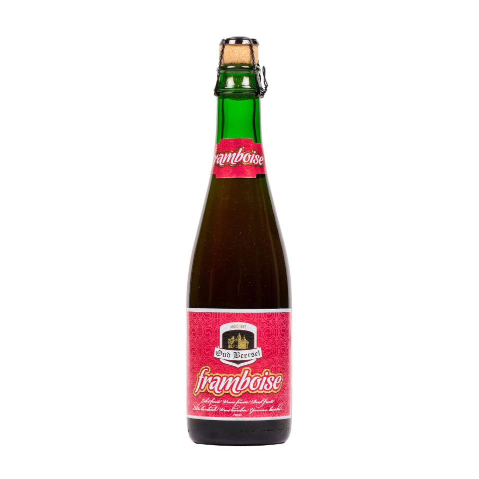 Bottle of Framboise beer with a red label on a white background