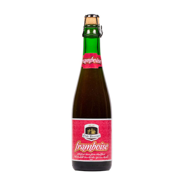 Bottle of Framboise beer with a red label on a white background