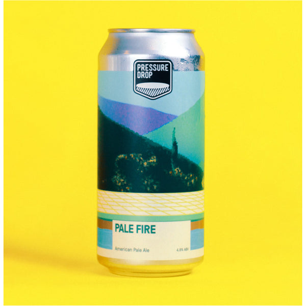 Beer can labeled 'Pale Fire' by 'Pressure Drop' on a yellow background