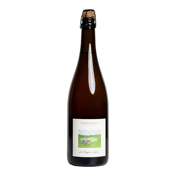 A dark coloured bottle of Parcimonie, Cider Brut on a white background