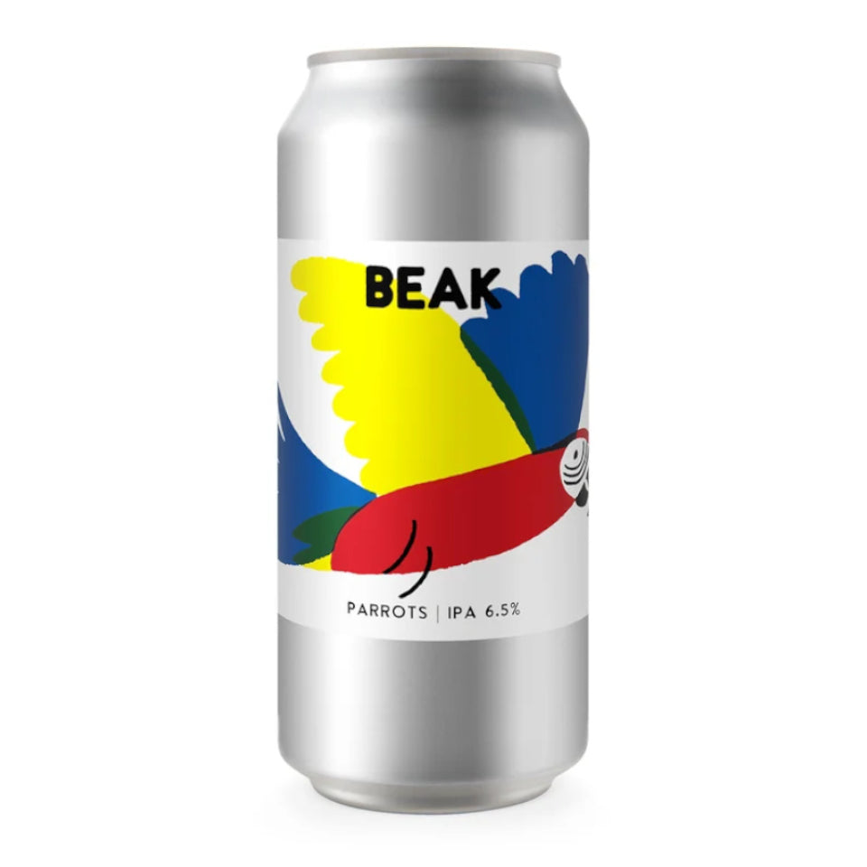 A silver aluminum beer can with a colorful parrot illustration and the word 'BEAK' on the label, photographed on a plain white background.