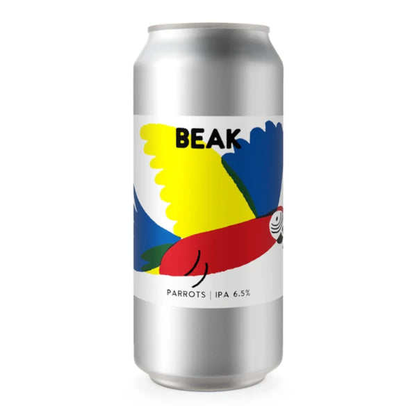 A silver aluminum beer can with a colorful parrot illustration and the word 'BEAK' on the label, photographed on a plain white background.
