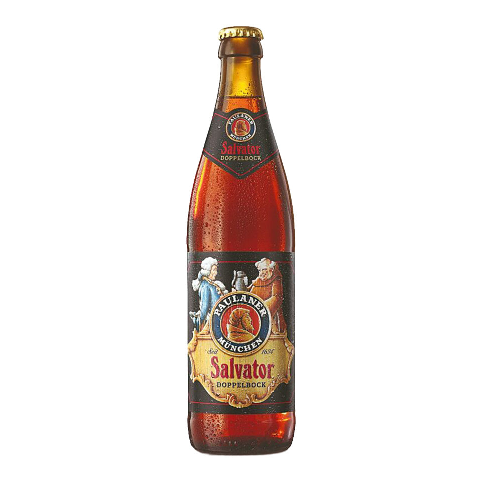 Beer bottle with 'Paulaner Salvator' label on a white background
