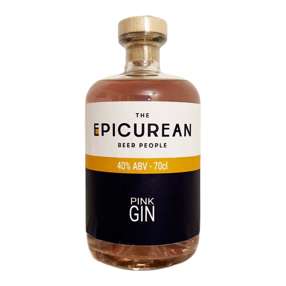 Bottle of Pink Gin labeled 'The Epicurean Beer People' on a white background
