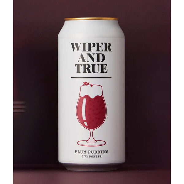 Beer can labeled 'Wiper and True Plum Pudding Porter' on a dark background