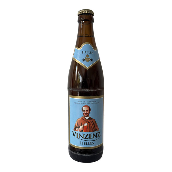 A beer bottle of Pollinger Pater Vinzenz Helles Lager on a white background