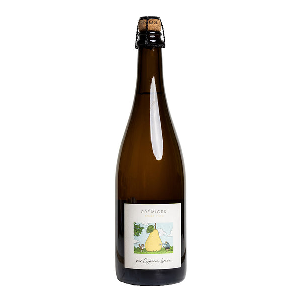 A bottle of Prémices sparkling cider, featuring an amber glass bottle with a white label and a cork closure, set against a plain white background.
