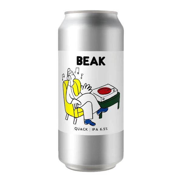 Silver can with 'BEAK' branding and graphic design on a white background