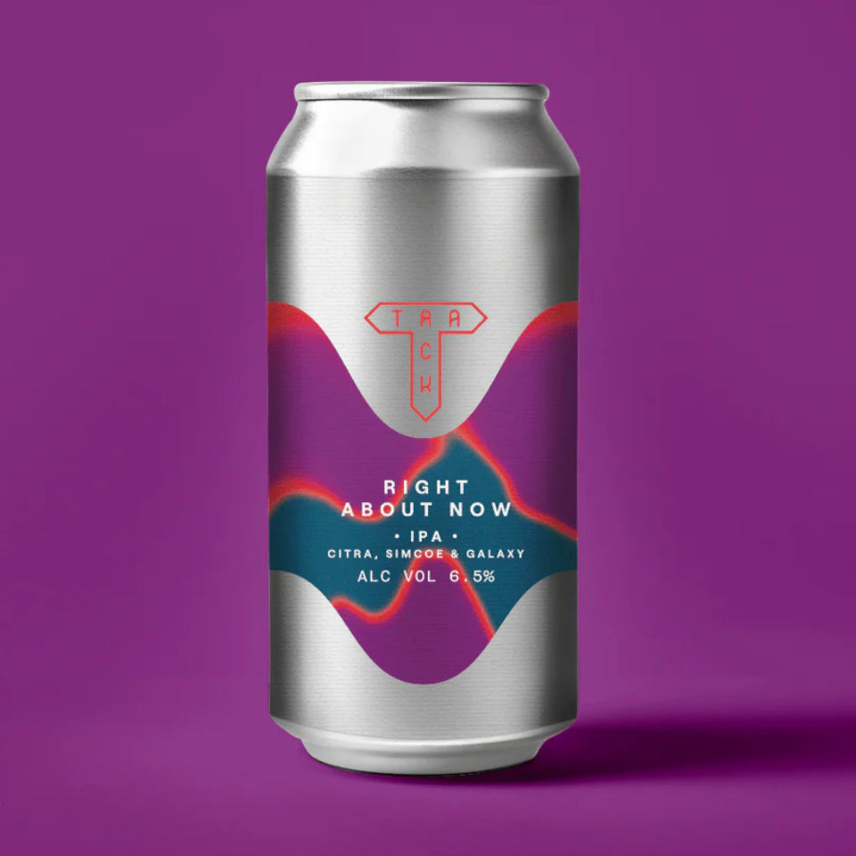 Silver beer can with colorful label on a purple background