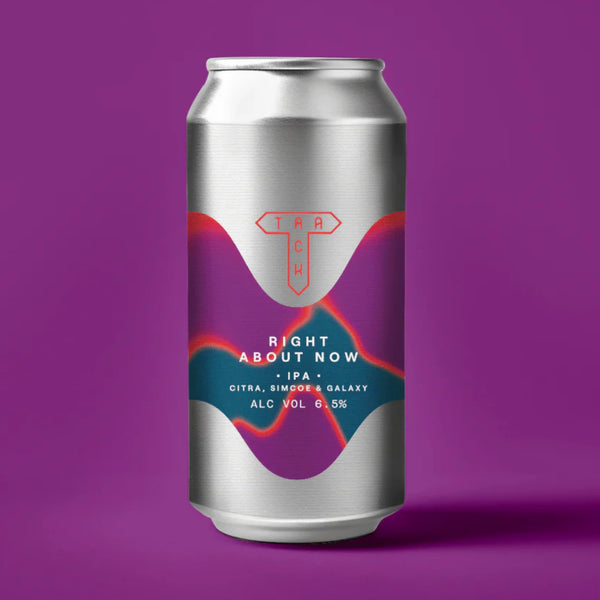 Silver beer can with colorful label on a purple background