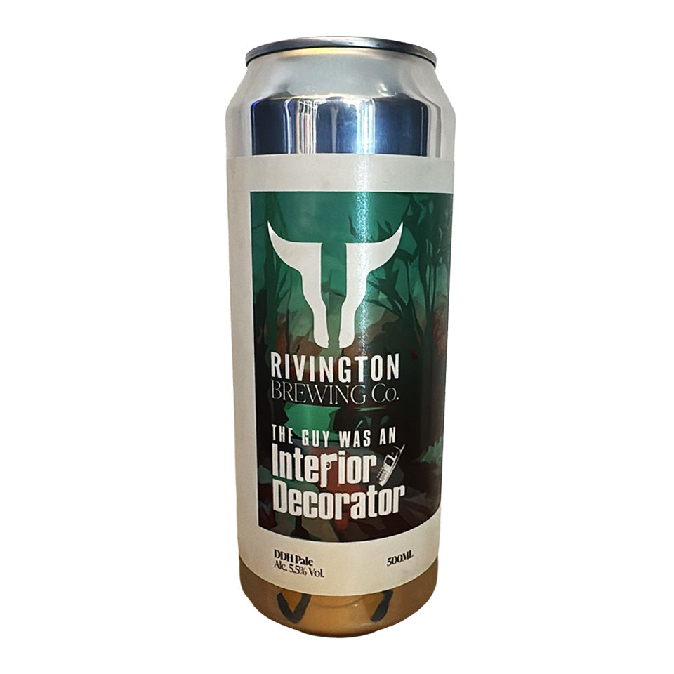 Beer can from Rivington Brewing Co. with a humorous label on a white background