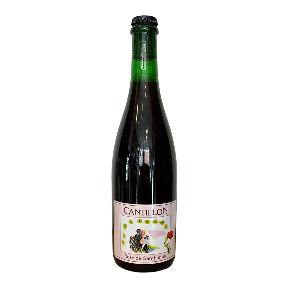 Bottle of Cantillon Rosé de Gambreloise wine on a white background