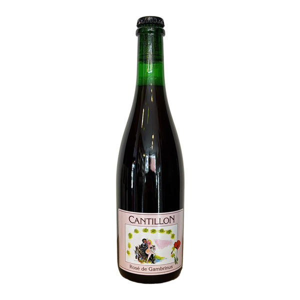 Bottle of Cantillon Rosé de Gambreloise wine on a white background