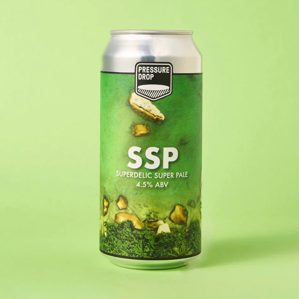 Beer can with 'Pressure Drop' branding on a green background