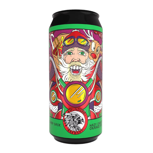 Colorful beer can with a graphic design on a white background