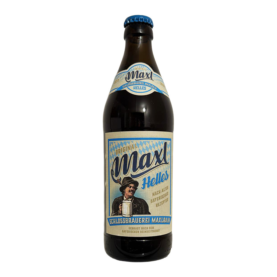 Bottle of Maxl Helles beer with a label on a white background