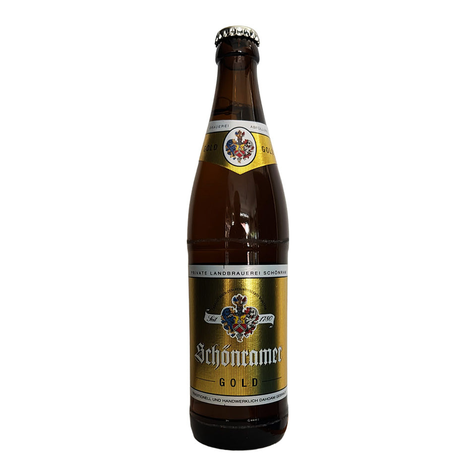 A single bottle of Schönreimer Gold beer in a dark brown glass bottle with a gold and black label, set against a plain white background.