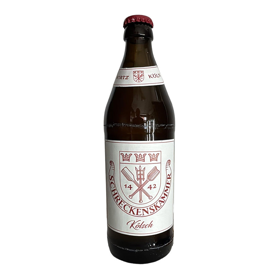 A dark brown glass bottle of Schreckenskanal Kölsch with a white label and a red cap, shown against a plain white background.