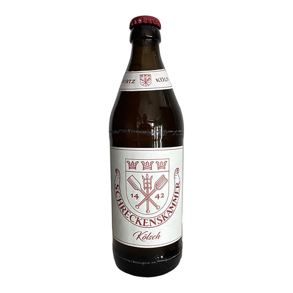 A dark brown glass bottle of Schreckenskanal Kölsch with a white label and a red cap, shown against a plain white background.