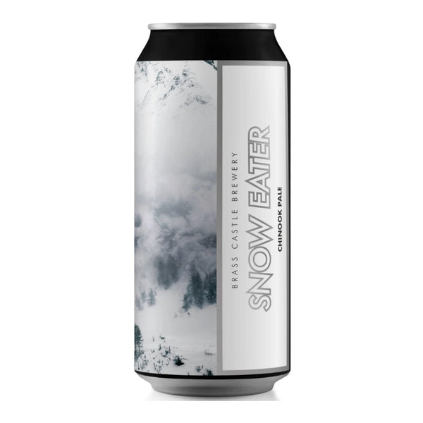Beer can with 'Snow Eater' branding and nature-themed design on a white background