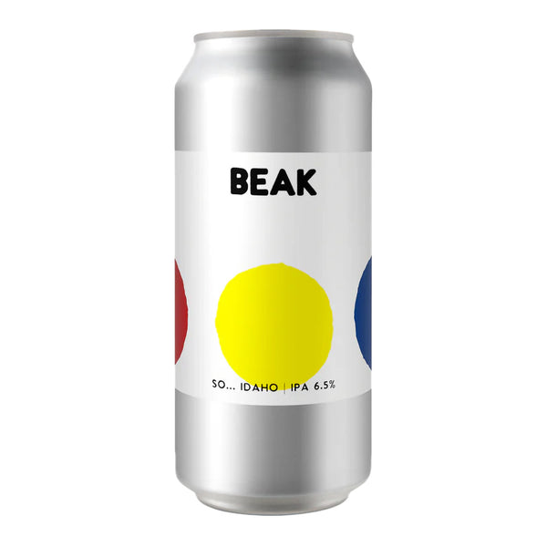 Silver can with colorful circles and 'BEAK' branding on a white background