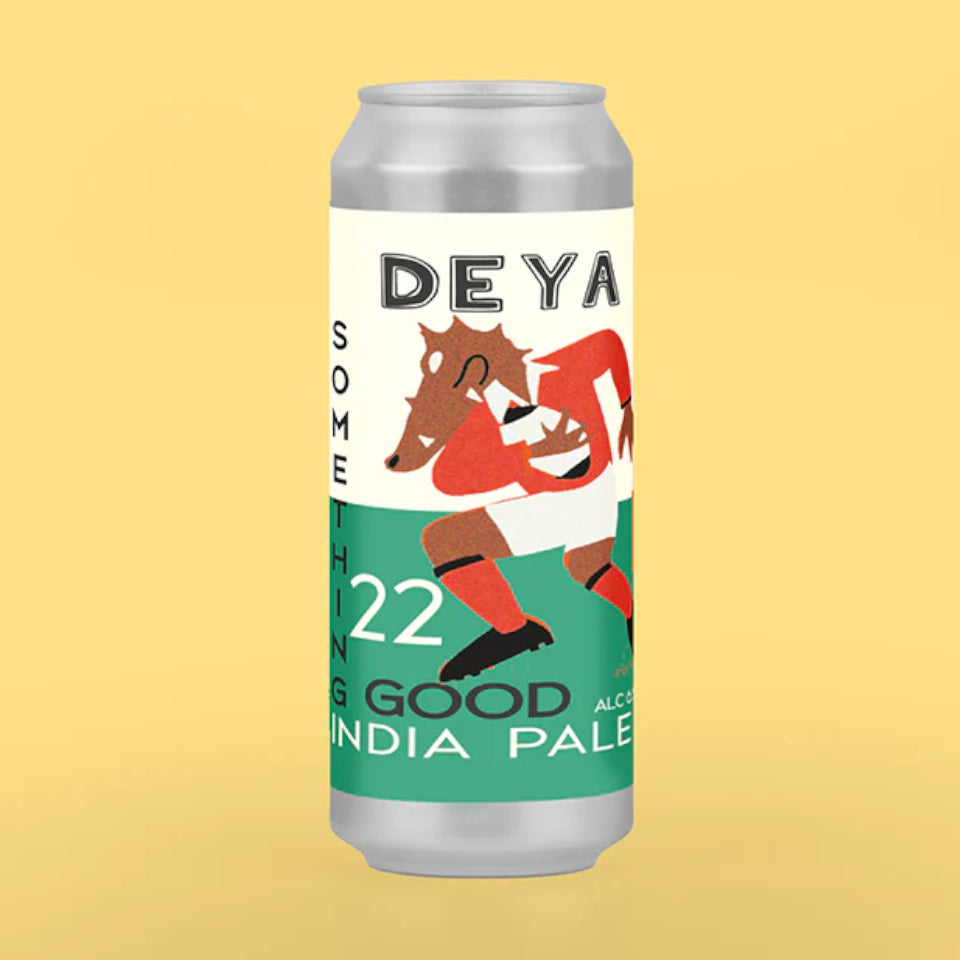 Beer can with 'DEYA' branding and graphic design on a yellow background