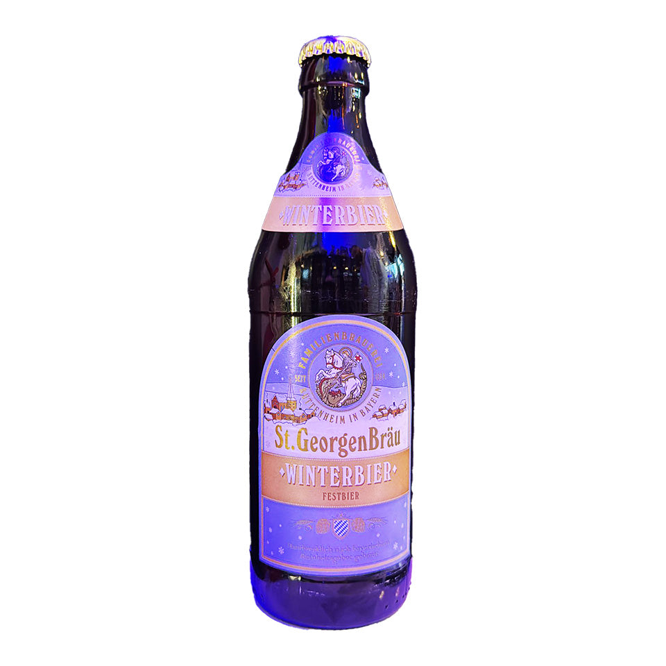 Bottle of St. GeorgenÛräu Winterbier with a purple glow on a white background