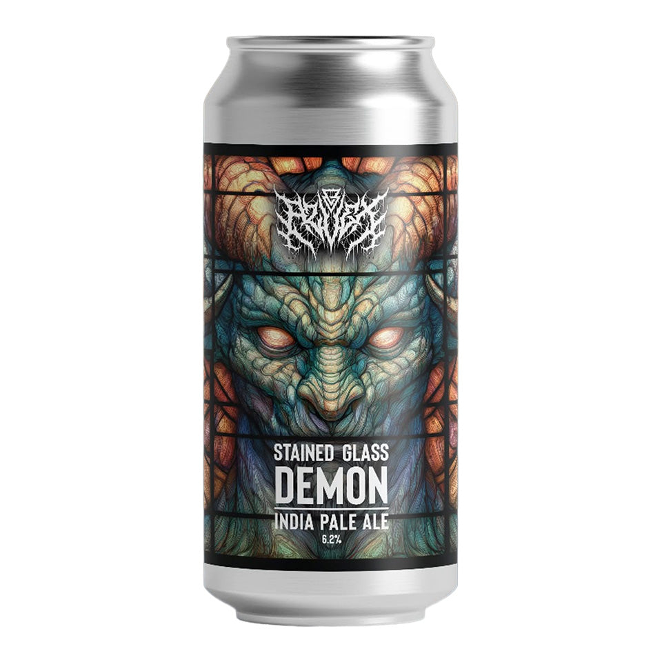 Beer can labeled 'Stained Glass Demon India Pale Ale' with a dragon design on a white background