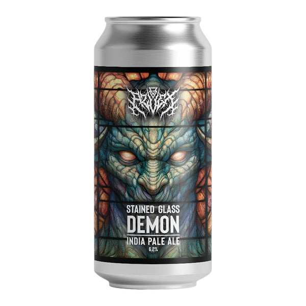 Beer can labeled 'Stained Glass Demon India Pale Ale' with a dragon design on a white background