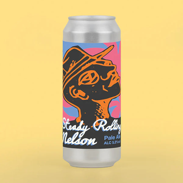 Beer can with colorful label featuring a stylized face on a yellow background